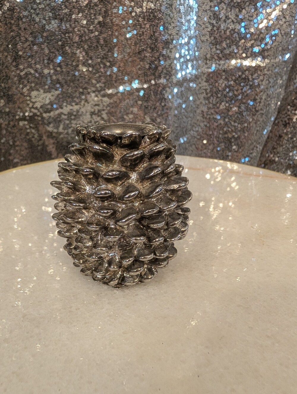 Silver Metallic Pinecone Figural Taper Candle Holder / Table Decor